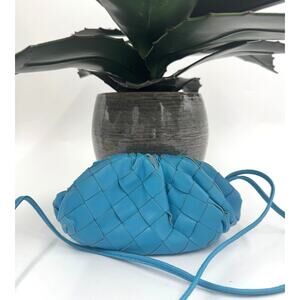 Bottega Veneta Leather Pouch w Strap Bag Charm Wristlet Blue Teal Hinge